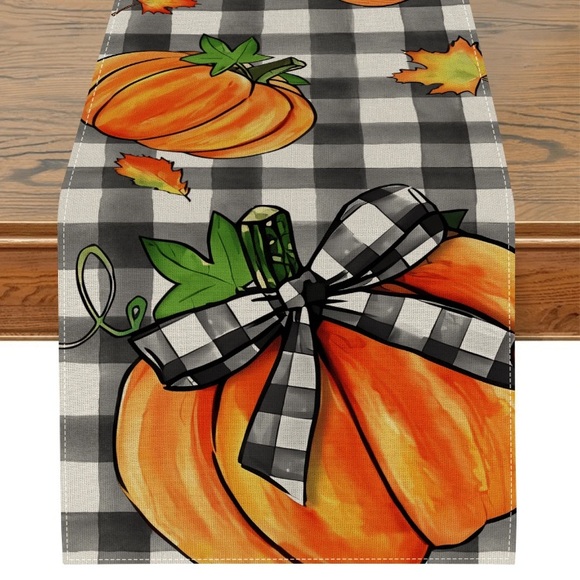 NWT- Black & White Buffalo Check Plaid Table Runner w/Orange Pumpkins & 🍁 72x13 - Picture 4 of 7